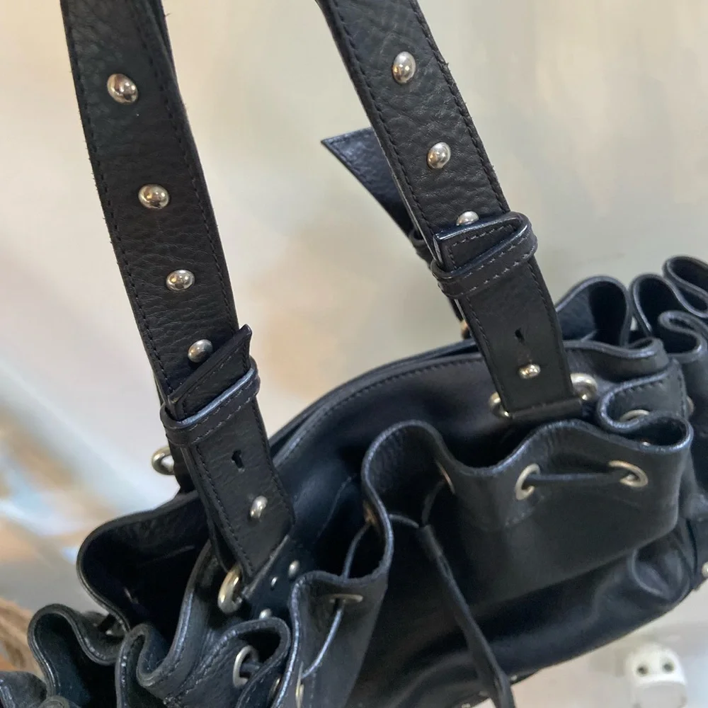 Anne Fontaine Studded Leather Drawstring Black Handbag Purse Rocker Biker BDSM - Picture 2 of 7